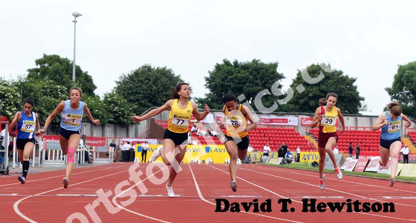 No 77 Maya Bruney (Surrey) wins the Junior Girls 100 metres.